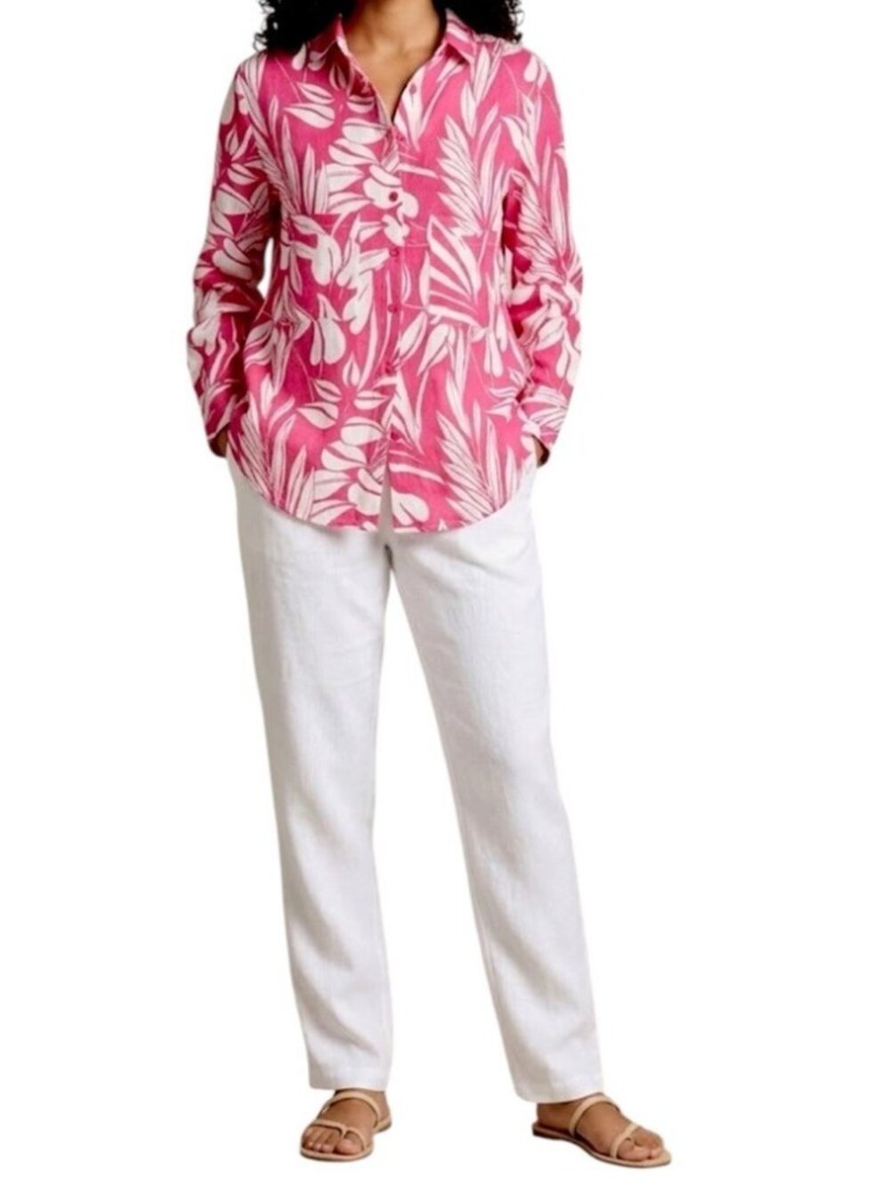 ELA Pink Tropical Print Vacation Travel Wear Button Down Linen Blend Top Small